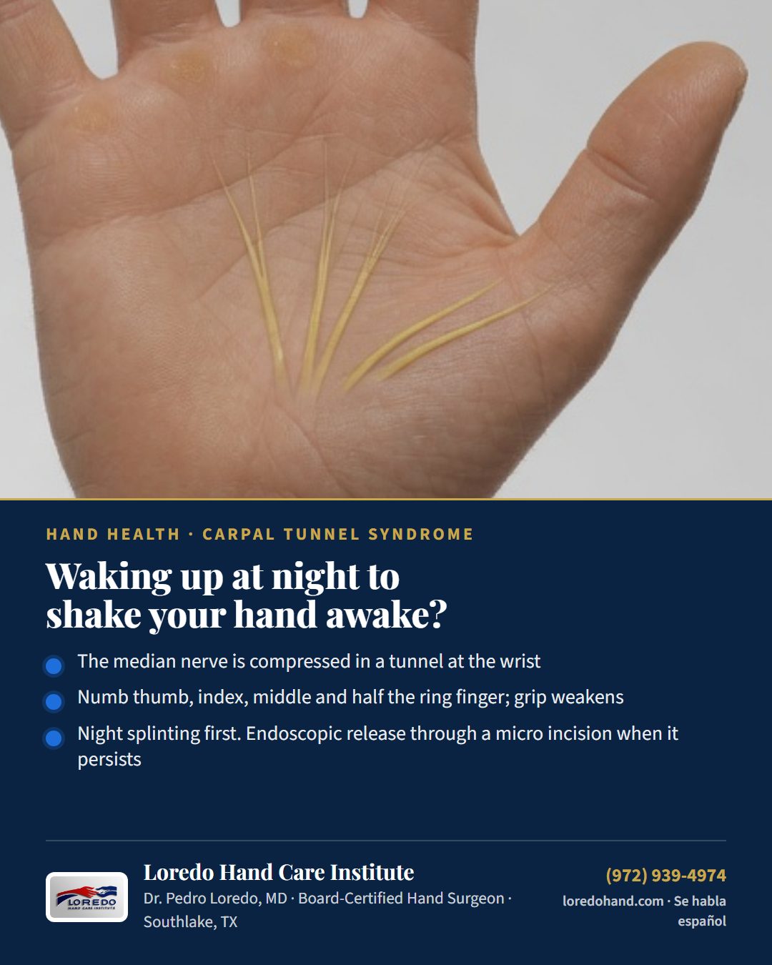 Waking up at night to shake your hand awake? Loredo Hand Care Institute patient education card