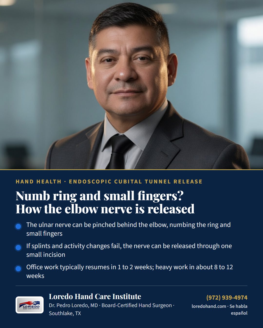 Numb ring and small fingers? How the elbow nerve is released Loredo Hand Care Institute patient education card