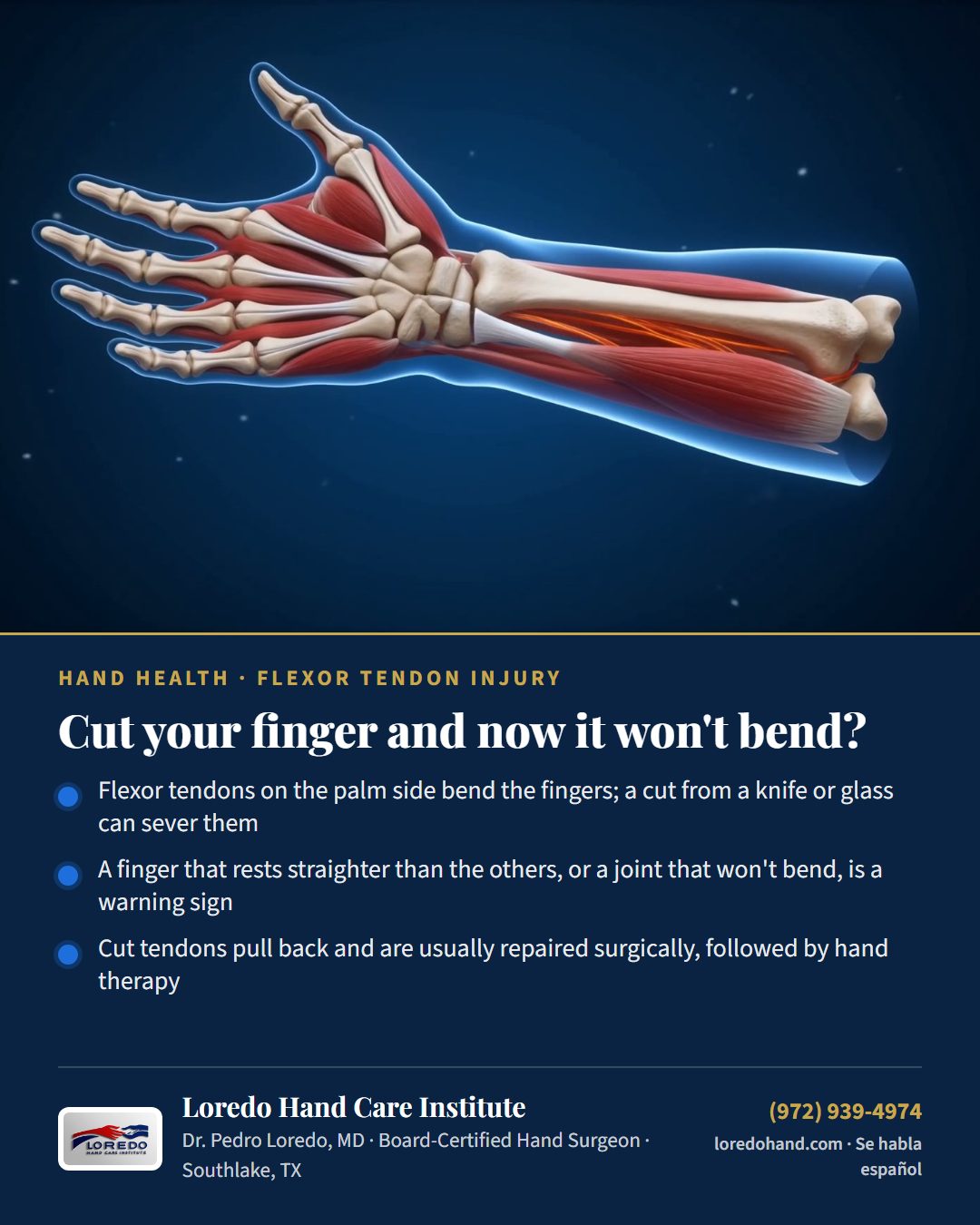 Cut your finger and now it won't bend? Loredo Hand Care Institute patient education card