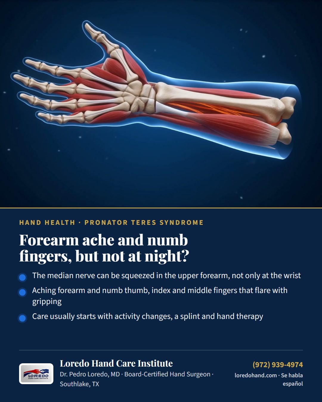 Forearm ache and numb fingers, but not at night? Loredo Hand Care Institute patient education card
