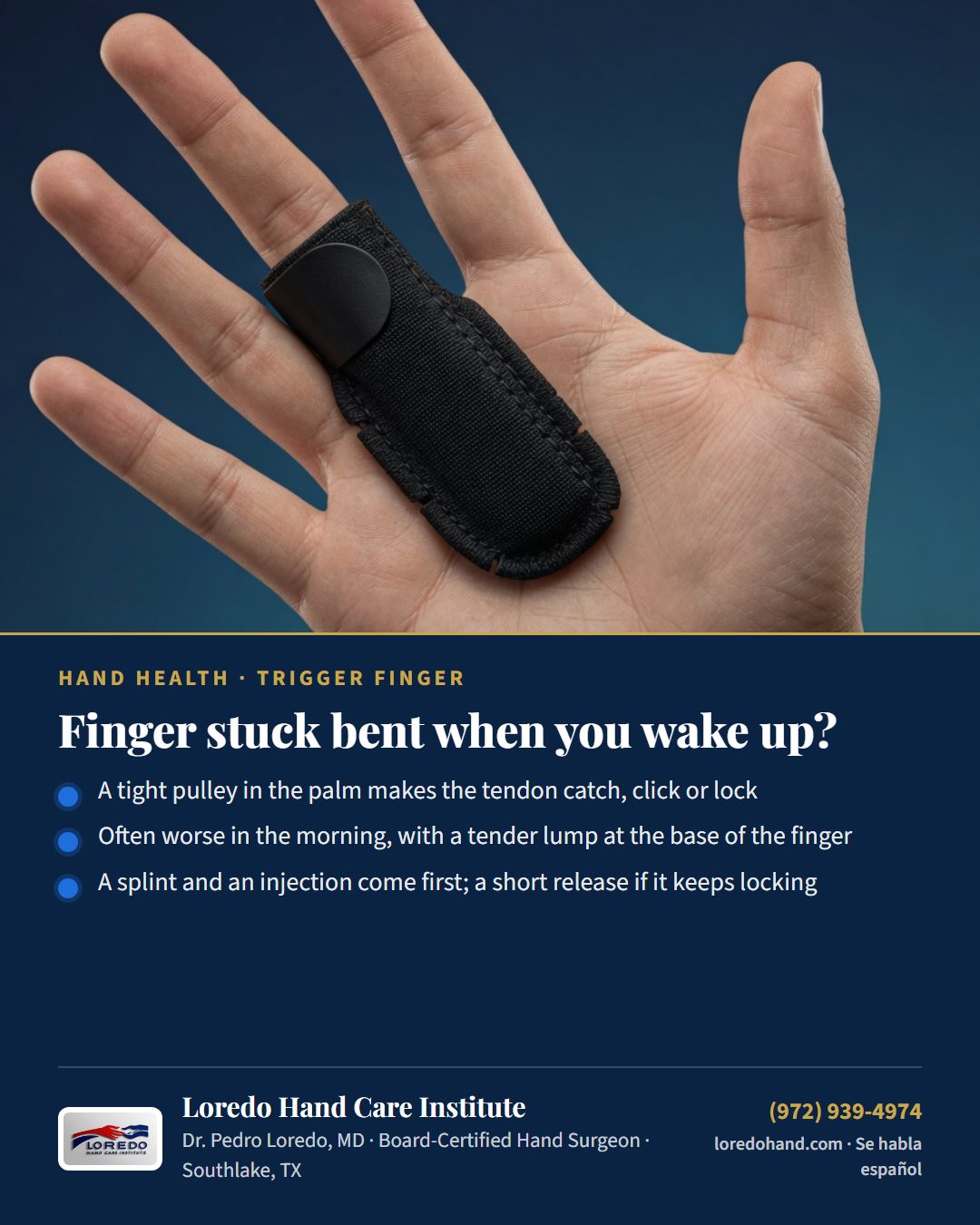 Finger stuck bent when you wake up? Loredo Hand Care Institute patient education card