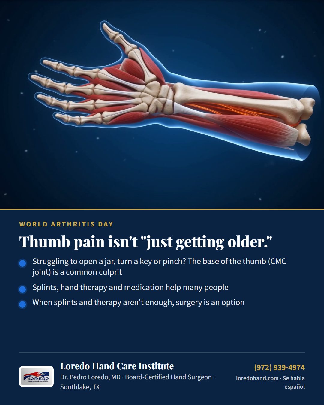 World Arthritis Day patient education card from Loredo Hand Care Institute: thumb pain is not just getting older; splints, hand therapy, medication and, when needed, surgery help thumb base (CMC) arthritis
