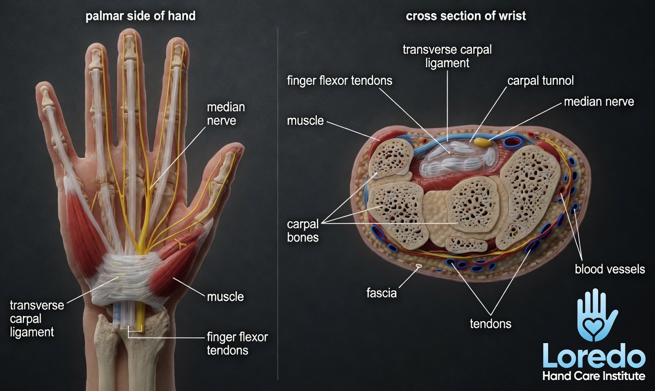 Anatomical illustration of the carpal tunnel showing palmar view of the right hand and a wrist cross-section. The transverse carpal ligament forms the roof of the tunnel on the volar side. The median nerve, finger flexor tendons, carpal bones, surrounding muscles, and blood vessels are labeled. Created for Loredo Hand Care Institute.