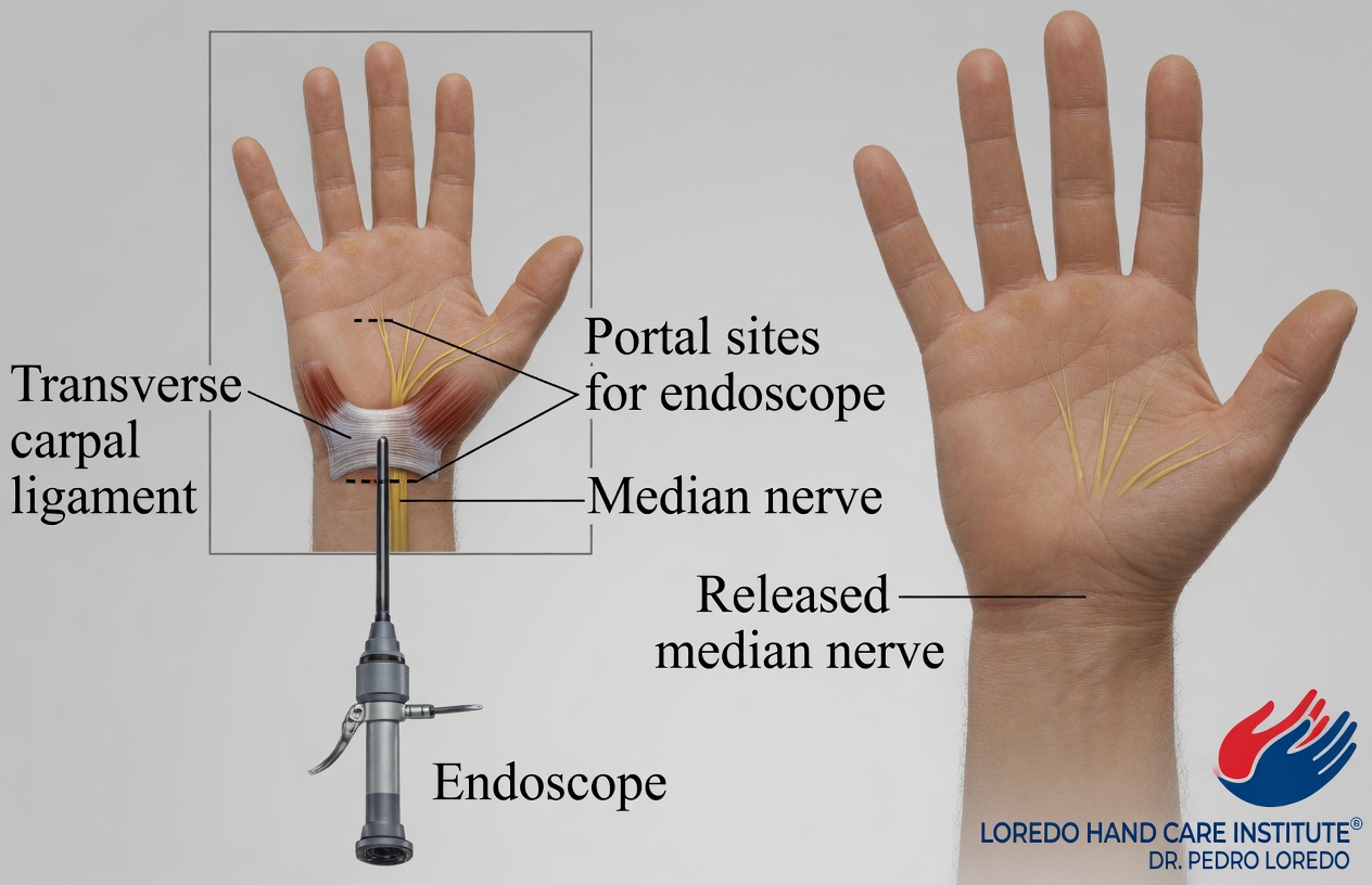 Endoscopic carpal tunnel release illustration showing the endoscope advanced through small portal sites in the wrist. The transverse carpal ligament is shown being divided from beneath while the median nerve is protected. The right side shows the released median nerve with full decompression after the procedure. Created for Loredo Hand Care Institute by Dr. Pedro Loredo.