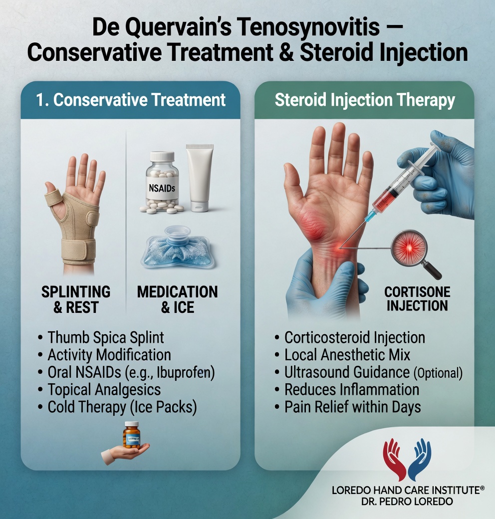 Two-panel conservative treatment infographic for De Quervain tenosynovitis. Panel 1 Conservative Treatment shows a thumb spica splint, NSAID medication bottle and topical analgesic, and an ice pack with bullet points: thumb spica splint, activity modification, oral NSAIDs such as ibuprofen, topical analgesics, cold therapy with ice packs. Panel 2 Steroid Injection Therapy shows a clinical photograph of a corticosteroid injection at the radial wrist with bullet points: corticosteroid injection, local anesthetic mix, ultrasound guidance optional, reduces inflammation, pain relief within days. Created for Loredo Hand Care Institute by Dr. Pedro Loredo.