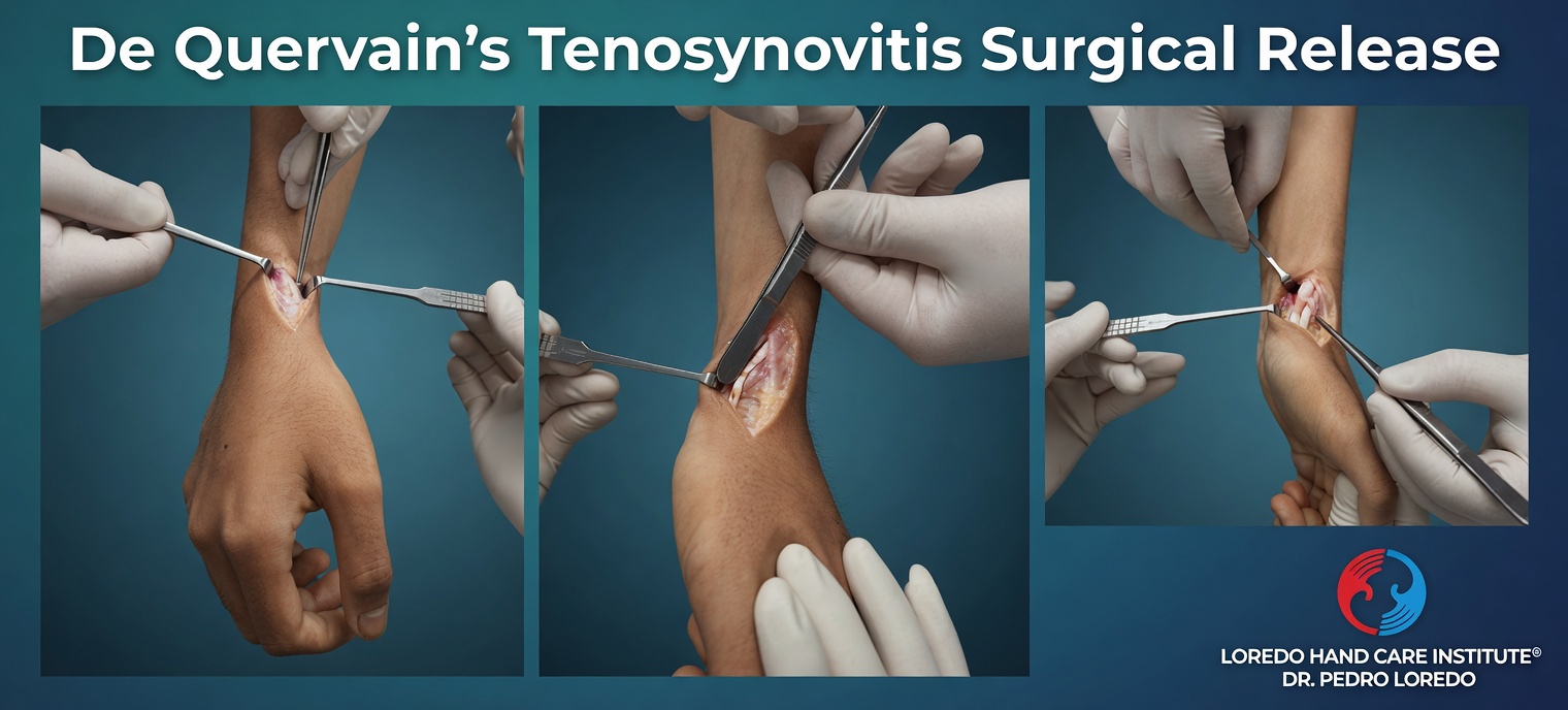 Three-panel intraoperative photograph of De Quervain tenosynovitis surgical release at the radial wrist. Panel 1 shows the small incision over the first dorsal compartment with retractors in place. Panel 2 shows the fibrous sheath being divided with a scalpel exposing the abductor pollicis longus and extensor pollicis brevis tendons. Panel 3 shows the released tendons gliding freely after compartment release. Created for Loredo Hand Care Institute by Dr. Pedro Loredo.