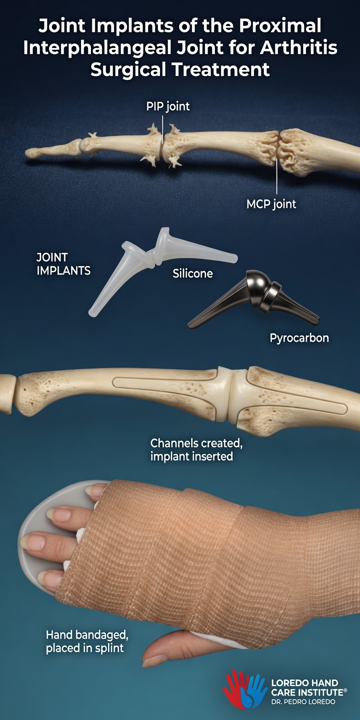 Joint implants of the proximal interphalangeal (PIP) joint for arthritis surgical treatment showing the PIP and MCP joint anatomy, two implant material options (silicone and pyrocarbon), how the implants are inserted into channels created in the bone, and the post-operative bandaged hand with splint. Created for Loredo Hand Care Institute by Dr. Pedro Loredo.
