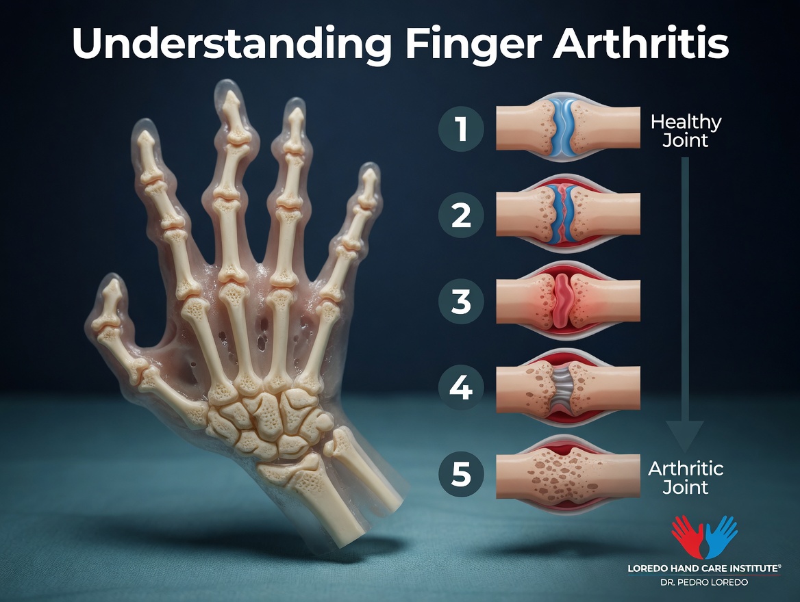 Understanding finger arthritis progression illustration showing five stages from healthy joint with intact cartilage at stage 1 through progressive cartilage loss, bone changes, and complete bone-on-bone contact at stage 5 (arthritic joint). 3D hand model on the left for context. Created for Loredo Hand Care Institute by Dr. Pedro Loredo.