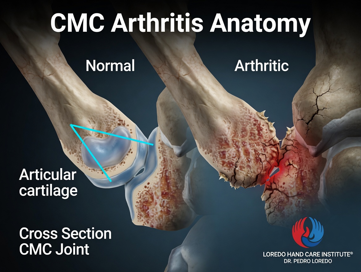 Anatomical illustration of thumb CMC arthritis showing the carpometacarpal joint at the base of the thumb. The arthritic joint between the trapezium bone and the first metacarpal base is highlighted with red inflammation, demonstrating cartilage loss and dorsoradial subluxation. Created for Loredo Hand Care Institute by Dr. Pedro Loredo.