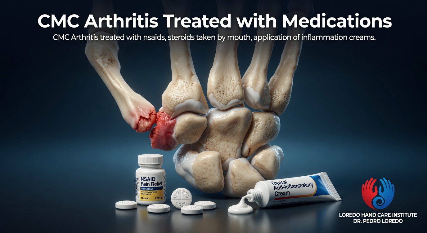 Medications for CMC arthritis showing an NSAID pain relief bottle, oral tablets, and a topical anti-inflammatory cream. Anatomical thumb CMC joint shown above with red inflammation indicating the arthritic process being treated. Created for Loredo Hand Care Institute by Dr. Pedro Loredo.