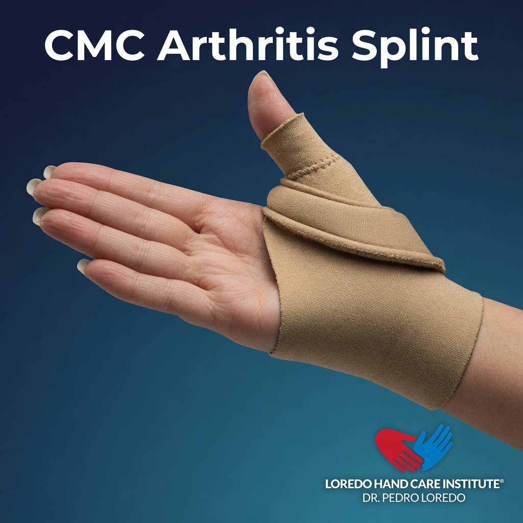 CMC arthritis splint shown on a patient hand. The thumb spica orthosis immobilizes the thumb CMC joint while leaving the wrist mobile, offloading the painful joint. Created for Loredo Hand Care Institute by Dr. Pedro Loredo.