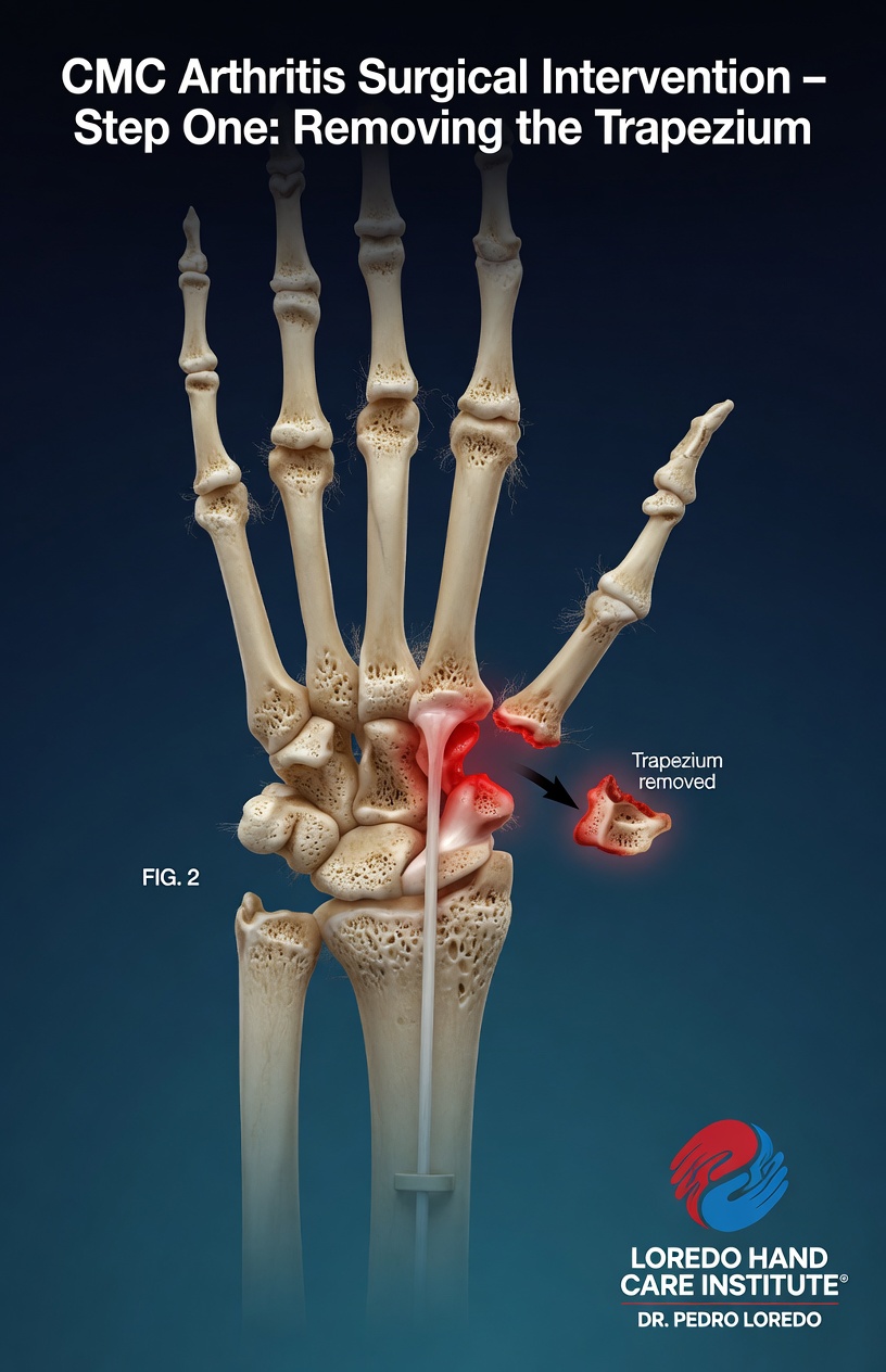 Step 1 of CMC reconstruction surgery showing the arthritic trapezium being removed from the thumb base. Anatomical illustration highlights the trapezium bone in red being lifted out, exposing the cleared space for reconstruction. Created for Loredo Hand Care Institute by Dr. Pedro Loredo.