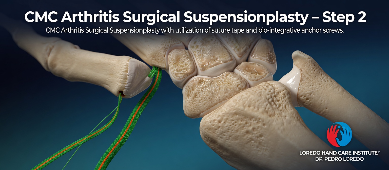 Step 2 of CMC reconstruction surgery showing suspensionplasty technique with high-strength suture tape threaded between the thumb metacarpal and adjacent stable bone using bio-integrative anchor screws. Created for Loredo Hand Care Institute by Dr. Pedro Loredo.