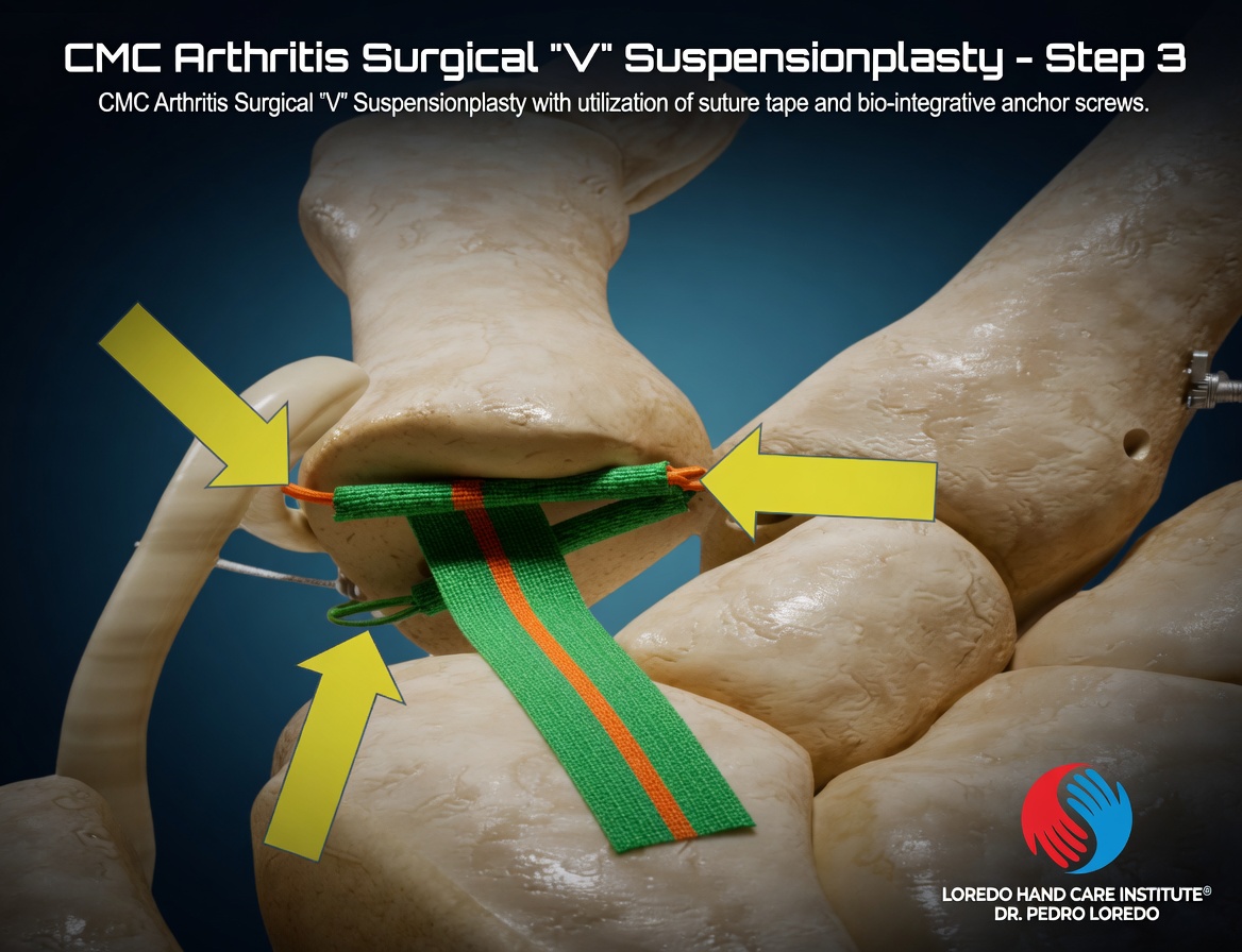 Step 3 of CMC reconstruction surgery showing the V-configuration suspensionplasty with suture tape arranged in a V pattern between the bio-integrative anchor screw points. Yellow arrows indicate the anchor and tape attachment points. Created for Loredo Hand Care Institute by Dr. Pedro Loredo.