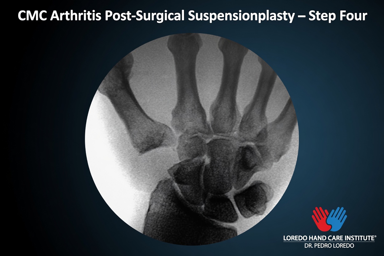 Step 4 of CMC reconstruction surgery showing the post-operative X-ray of the completed V-configuration Suspensionplasty. The thumb metacarpal is properly suspended in anatomic position. Created for Loredo Hand Care Institute by Dr. Pedro Loredo.