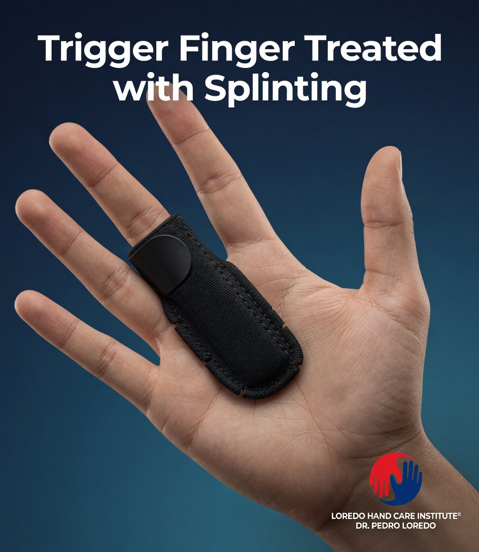Trigger finger treated with splinting photograph showing a finger splint applied to the affected finger holding it in extension. The splint is worn at night to reduce morning catching and tendon irritation. Created for Loredo Hand Care Institute by Dr. Pedro Loredo.