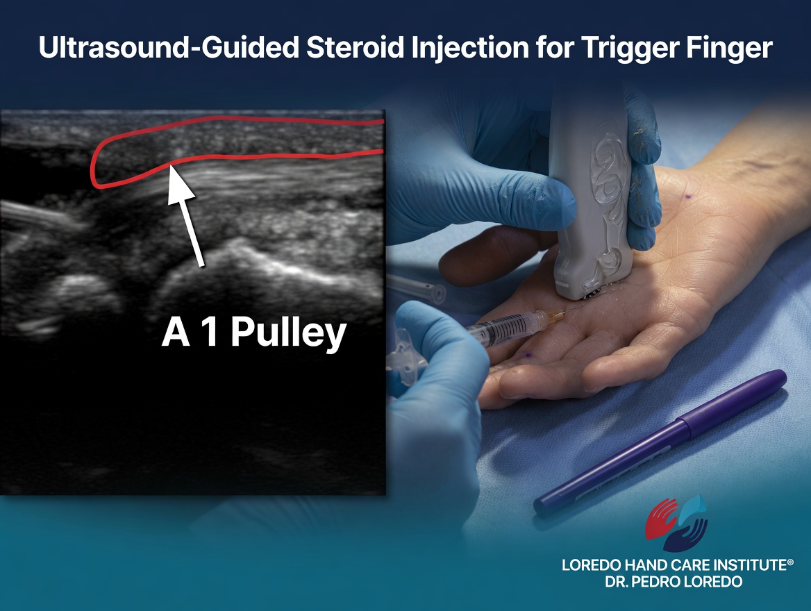 Ultrasound-guided steroid injection for trigger finger. Left panel shows the ultrasound image with the A1 pulley clearly outlined and identified. Right panel shows the clinical photograph of the corticosteroid injection being performed at the base of the affected finger with sterile gloves and ultrasound probe guidance. Created for Loredo Hand Care Institute by Dr. Pedro Loredo.