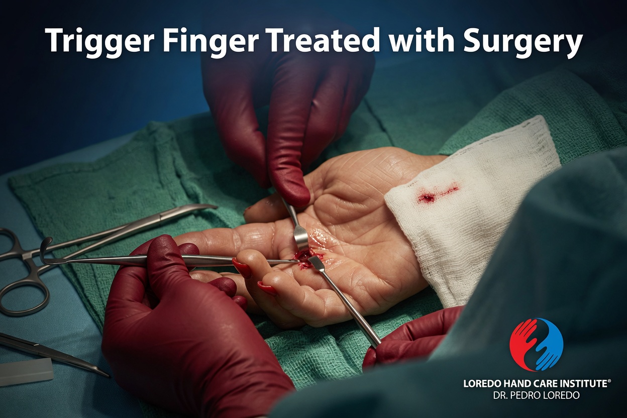 Trigger finger treated with surgery intraoperative photograph of open A1 pulley release. The small incision at the distal palmar crease is shown with surgical instruments retracting the tissue. The A1 pulley is being divided under direct visualization with the digital nerves and blood vessels protected. Sterile drape and gloved hands visible. Created for Loredo Hand Care Institute by Dr. Pedro Loredo.