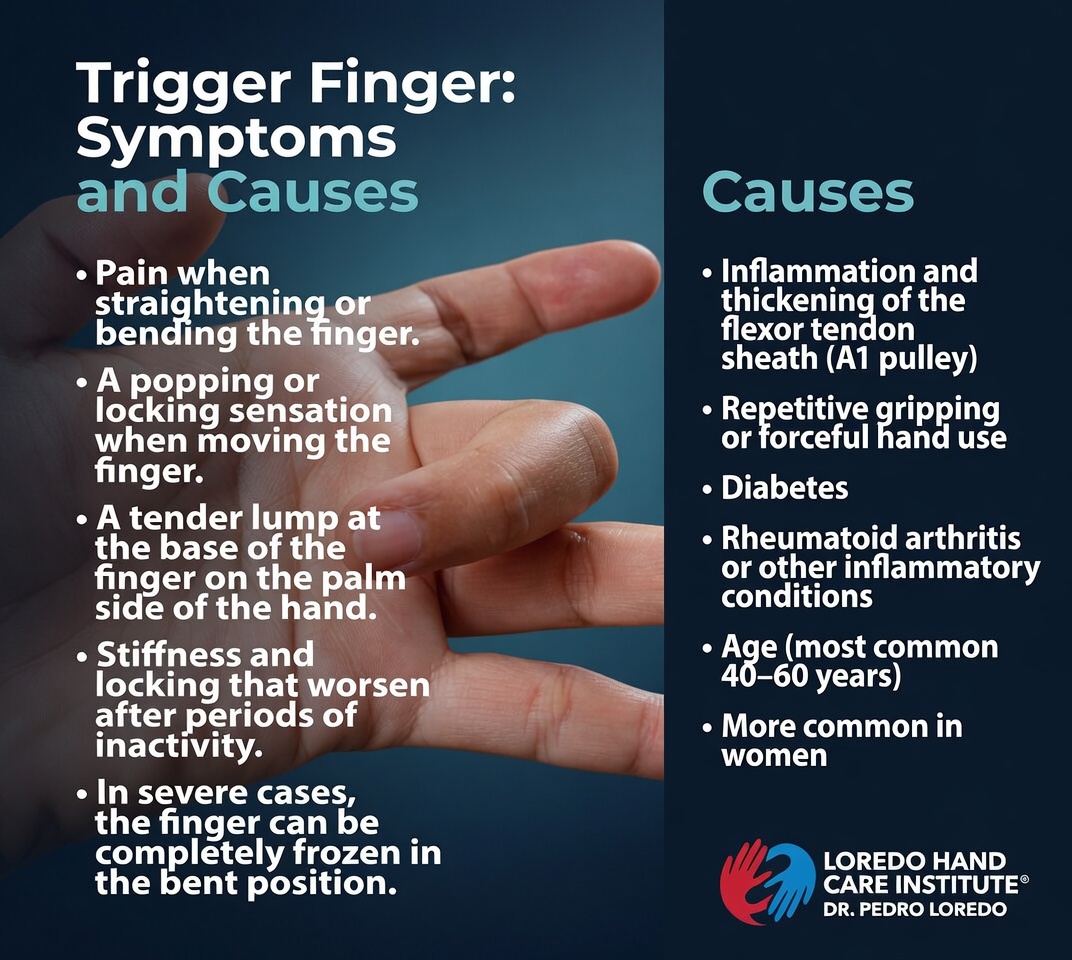 Trigger finger symptoms and causes infographic. Symptoms list: pain when straightening or bending the finger, popping or locking sensation when moving the finger, tender lump at the base of the finger on the palm side of the hand, stiffness and locking that worsen after periods of inactivity, in severe cases the finger can be completely frozen in the bent position. Causes list: inflammation and thickening of the flexor tendon sheath at the A1 pulley, repetitive gripping or forceful hand use, diabetes, rheumatoid arthritis or other inflammatory conditions, age 40 to 60, more common in women. Created for Loredo Hand Care Institute by Dr. Pedro Loredo.