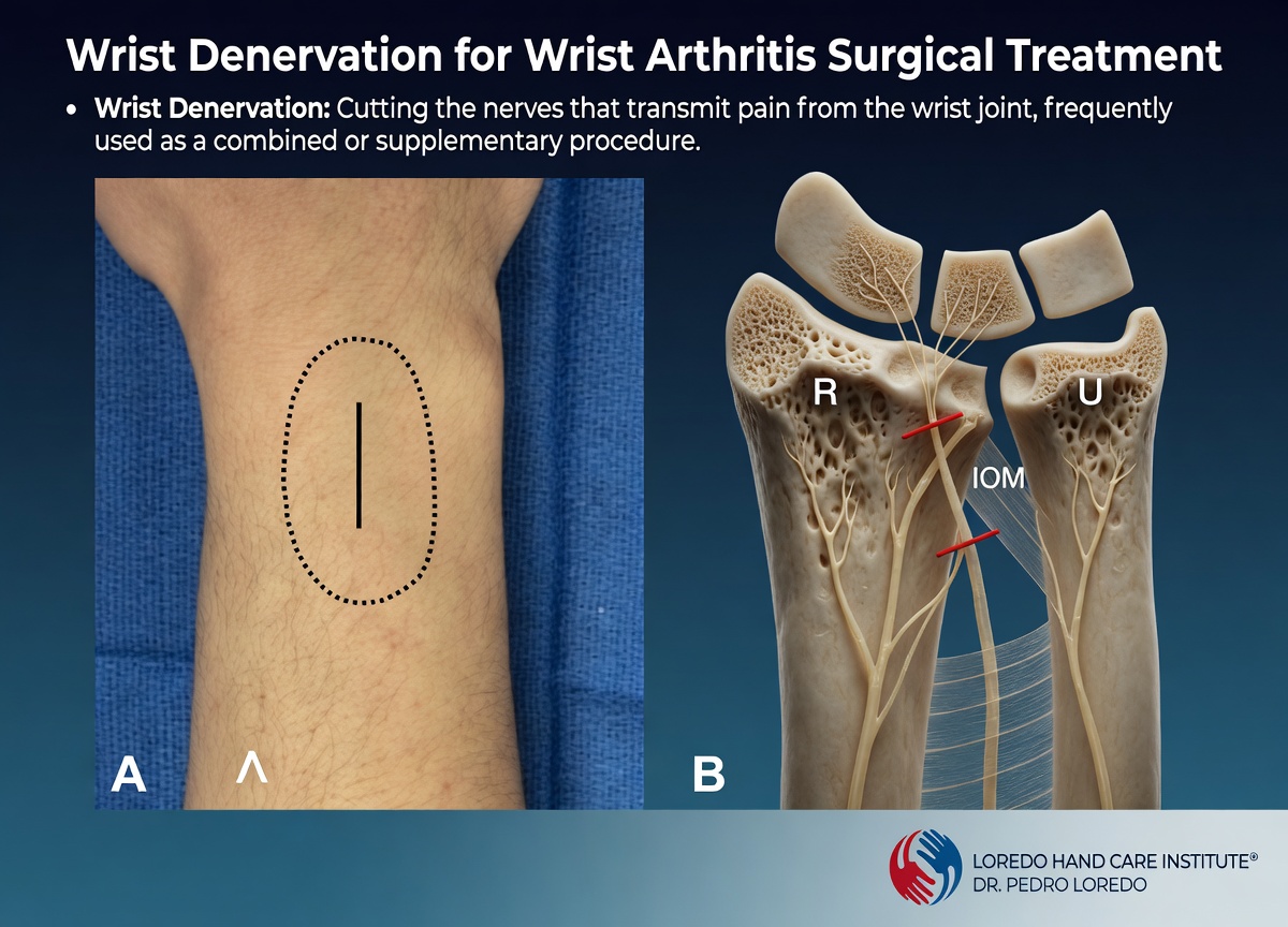 Wrist denervation for wrist arthritis surgical treatment showing the small dorsal incision marked on the wrist (panel A) and the anatomical view of the radial nerve (R), ulnar nerve (U), and interosseous membrane (IOM) with red marks indicating the small nerve branches that are cut to interrupt pain signals to the wrist joint (panel B). Created for Loredo Hand Care Institute by Dr. Pedro Loredo.