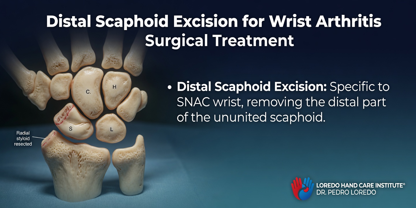 Distal scaphoid excision for wrist arthritis surgical treatment specific to SNAC wrist showing the carpal bones with the scaphoid (S), capitate (C), hamate (H), and lunate (L) labeled. Red lines indicate the resection of the distal scaphoid fragment. The radial styloid is also shown resected. Created for Loredo Hand Care Institute by Dr. Pedro Loredo.