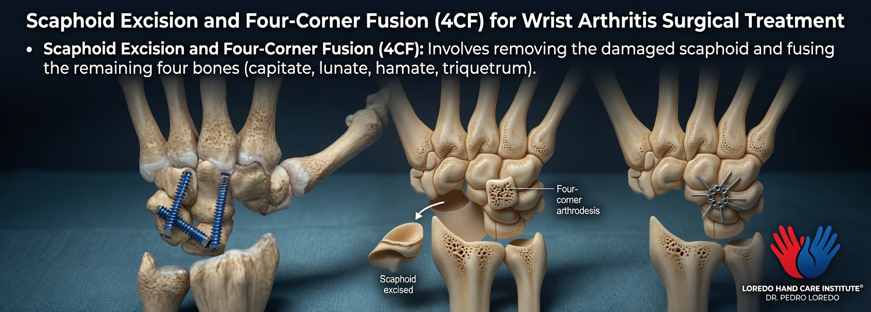 Scaphoid excision and four-corner fusion (4CF) for wrist arthritis surgical treatment three-panel illustration. Left: surgical exposure with screws holding bones together. Center: scaphoid excised and four-corner arthrodesis between capitate, lunate, hamate, and triquetrum shown. Right: completed fusion construct with circular plate fixation. Created for Loredo Hand Care Institute by Dr. Pedro Loredo.