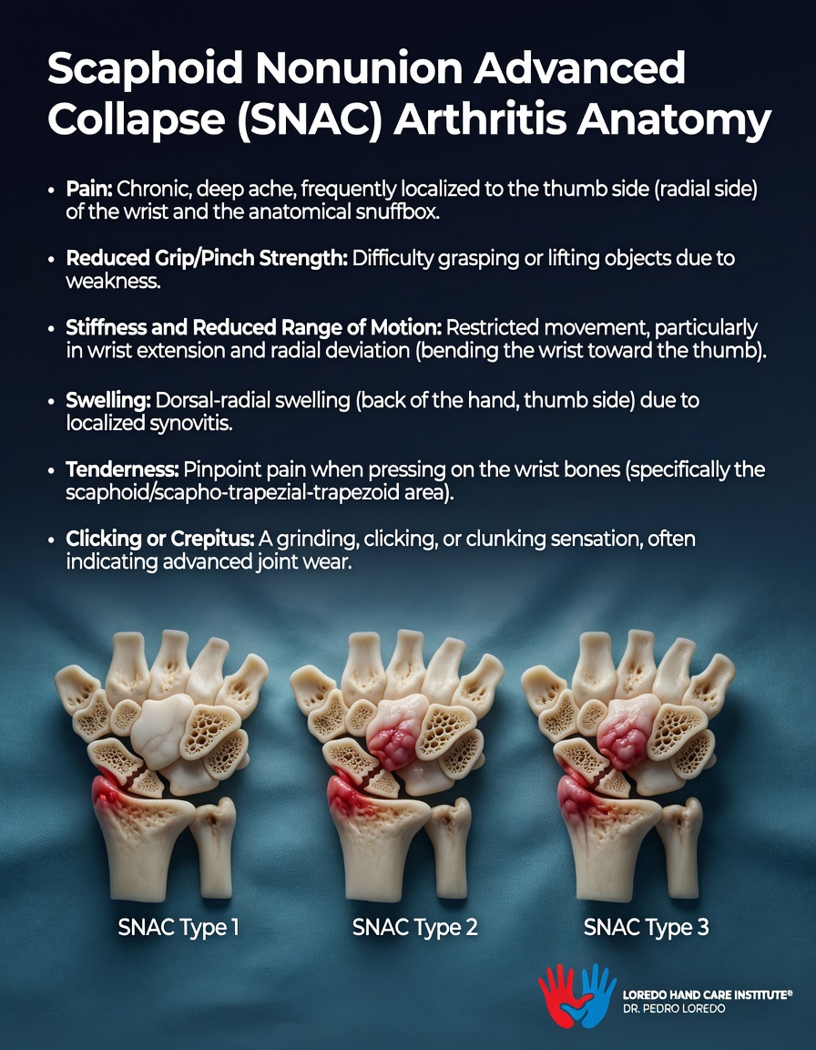 SNAC (Scaphoid Nonunion Advanced Collapse) arthritis anatomy infographic showing key symptoms: chronic deep ache localized to the thumb side of the wrist and anatomical snuffbox, reduced grip and pinch strength, stiffness and reduced wrist extension and radial deviation, dorsal-radial swelling, pinpoint tenderness over scaphoid and scapho-trapezial-trapezoid area, clicking or crepitus. Three anatomical wrist models showing SNAC Type 1, Type 2, and Type 3 progression. Created for Loredo Hand Care Institute by Dr. Pedro Loredo.