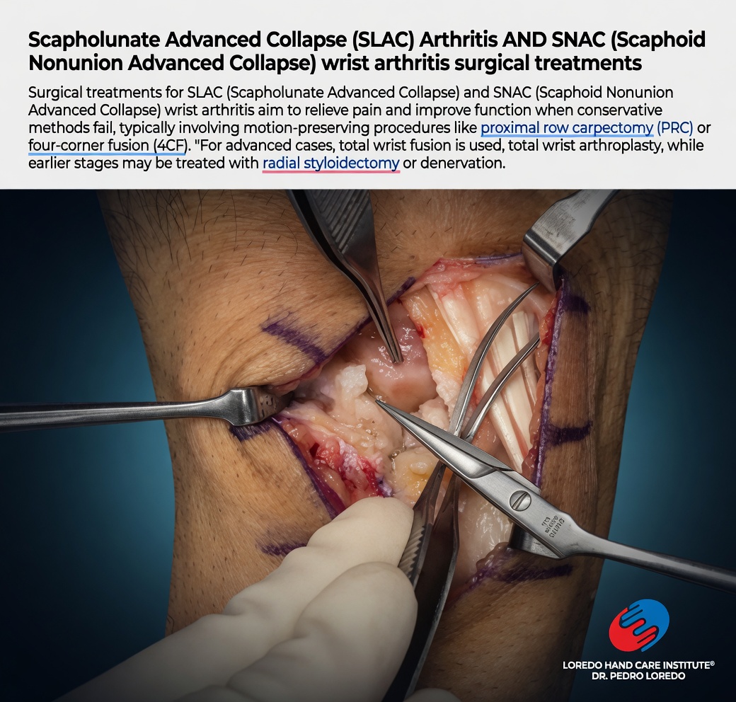 SLAC and SNAC wrist arthritis surgical treatment overview describing motion-preserving procedures including proximal row carpectomy and four-corner fusion, total wrist fusion or arthroplasty for advanced cases, and earlier stage options including radial styloidectomy and denervation. Intraoperative photograph showing surgical exposure of the wrist with retractors. Created for Loredo Hand Care Institute by Dr. Pedro Loredo.